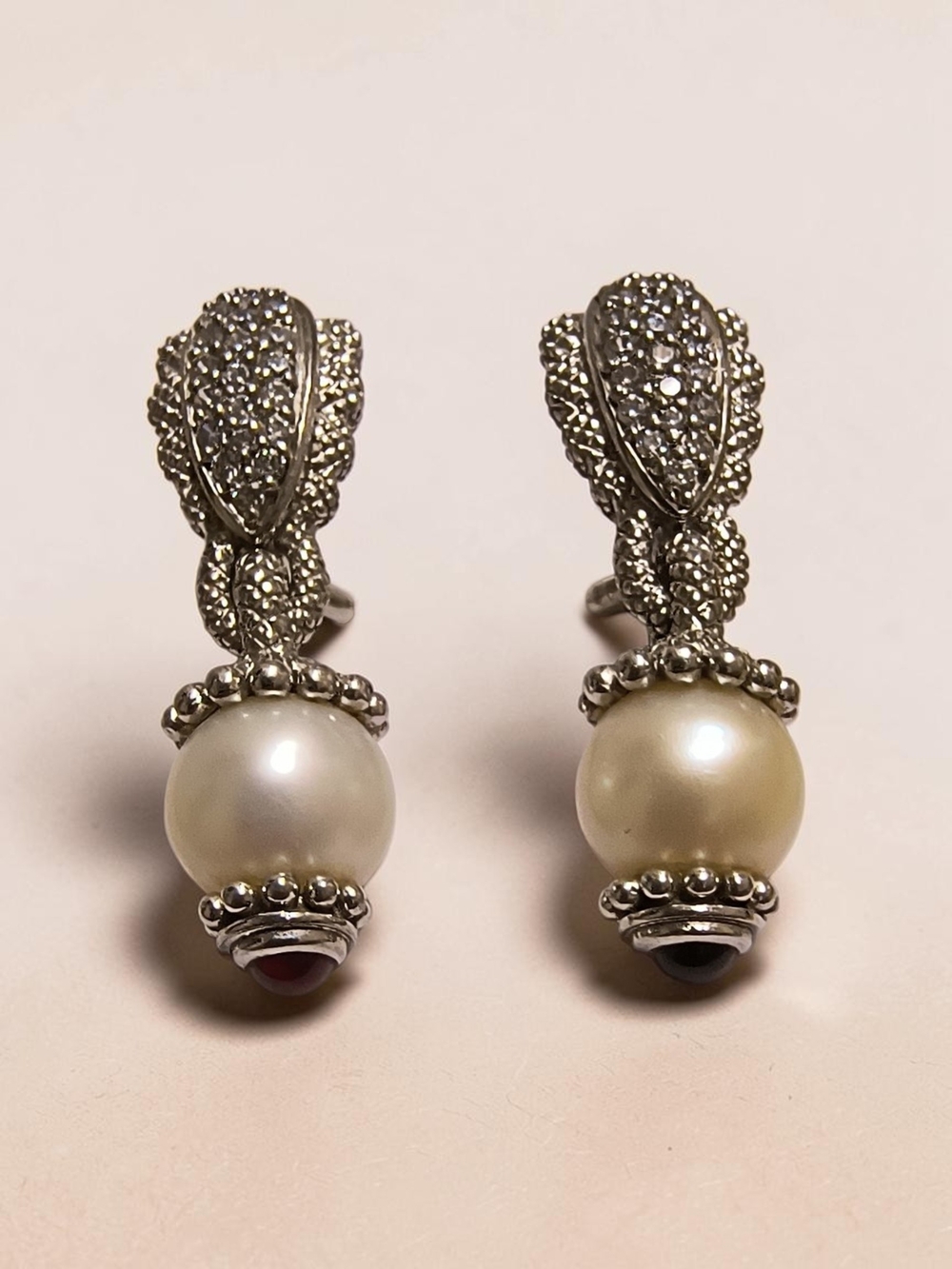 Judith Ripka Pearl Drop Sterling Silver Earrings with Pave And Garnet Detail